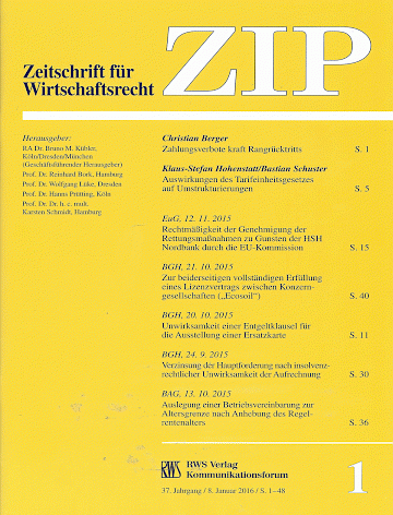 Titelblatt:Zeitschrift für Wirtschaftsrecht  ZIP