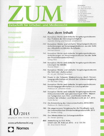 Titelblatt:Zeitschrift für Urheber- und Medienrecht ZUM
